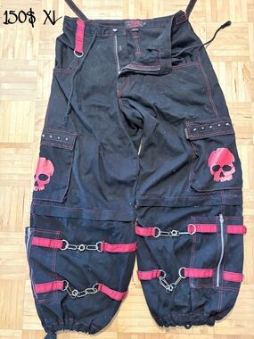 Tripp NYC Black Cargo Pants with Red Accents & Red Skull Graphics